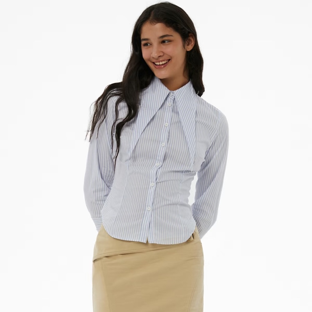 Edamame Blue Striped Fitted Button Down Blouse Size M | 90s Collar Chic